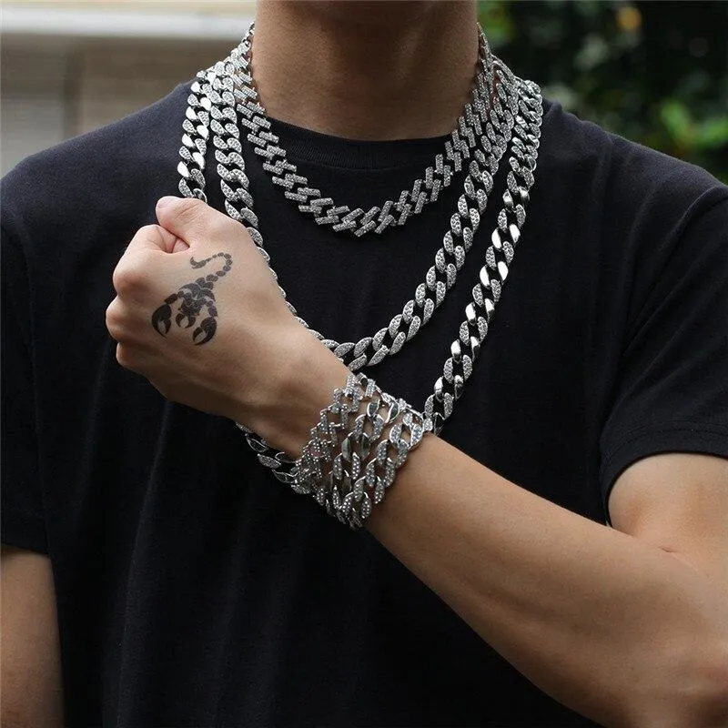 2 Color Iced Out Cuba Chain Rhinestone Hip Hop Men's Hipster Necklace