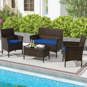 4 Piece Patio Rattan Conversation Set with Cozy Seat Cushions-Navy