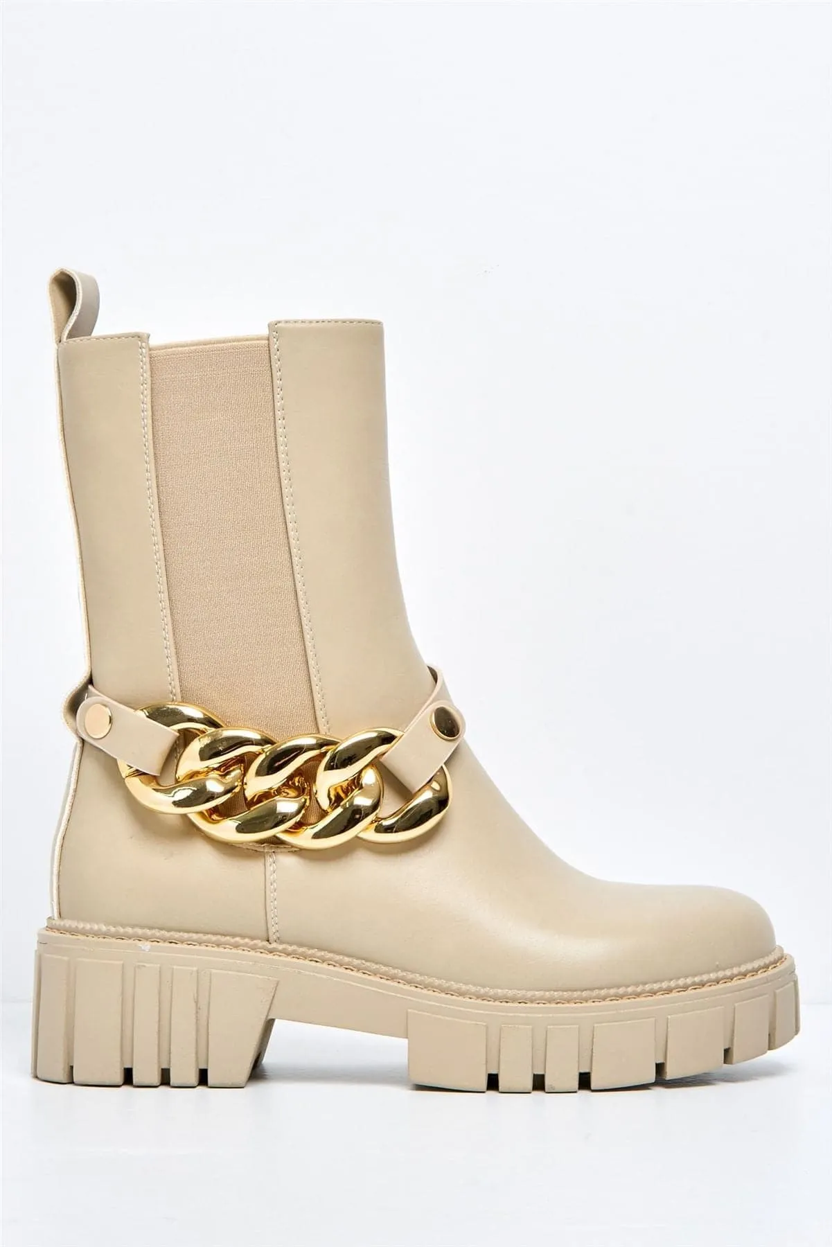 Annee Chain Detail Chunky Ankle Boots in Beige