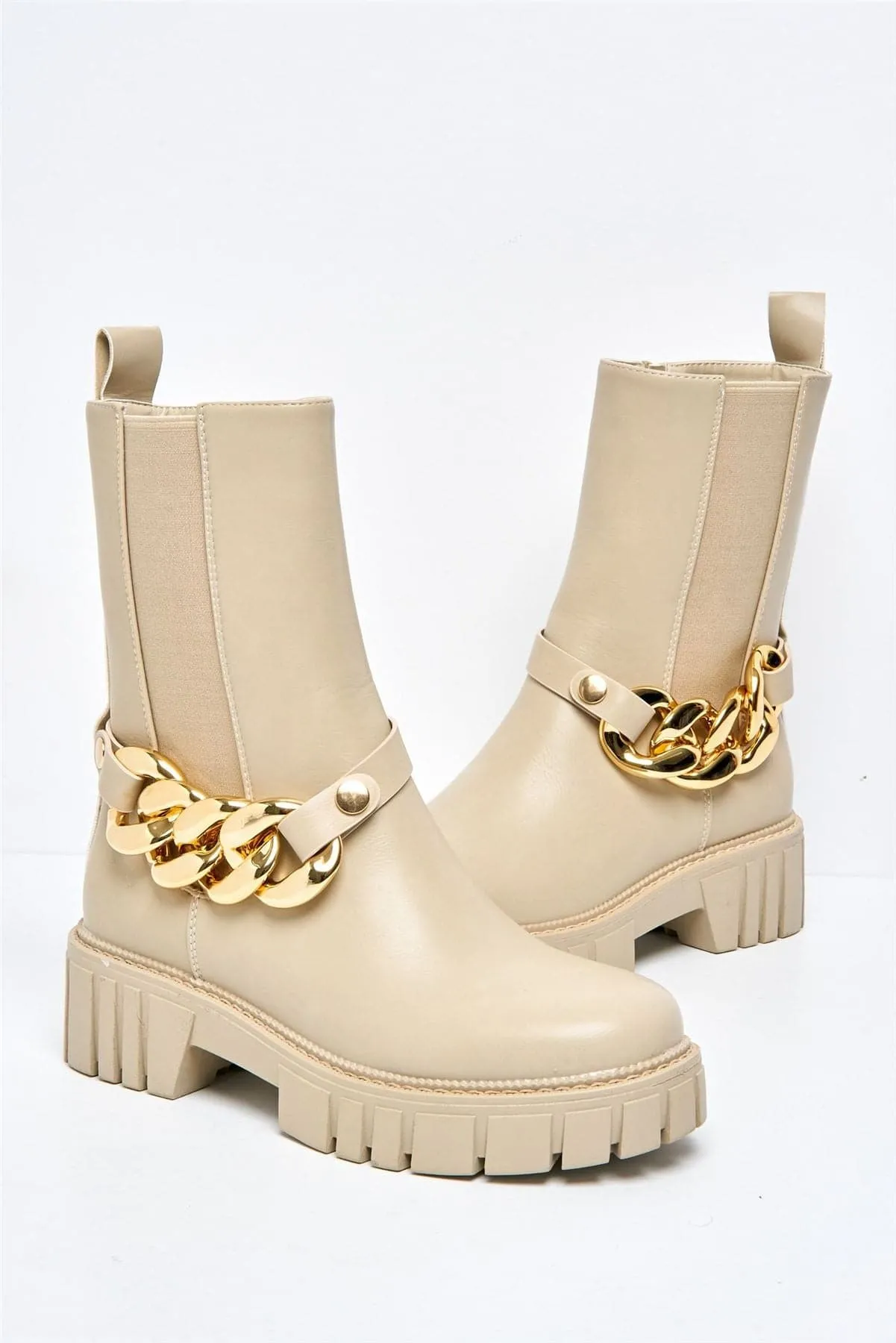 Annee Chain Detail Chunky Ankle Boots in Beige