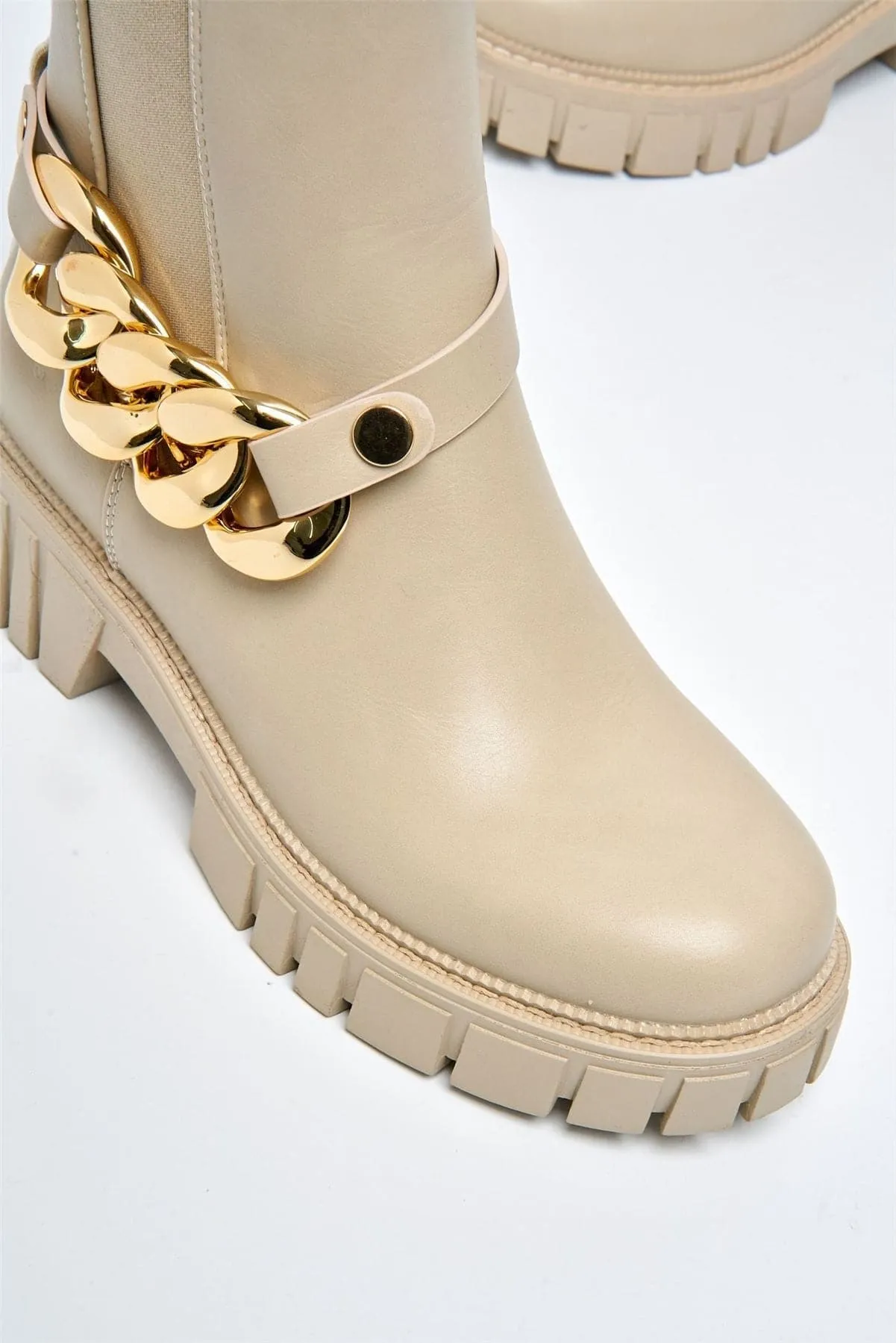 Annee Chain Detail Chunky Ankle Boots in Beige