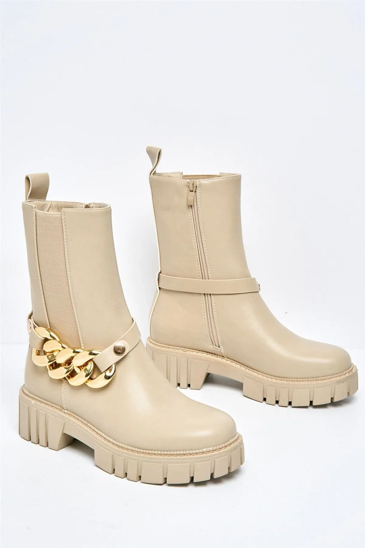 Annee Chain Detail Chunky Ankle Boots in Beige