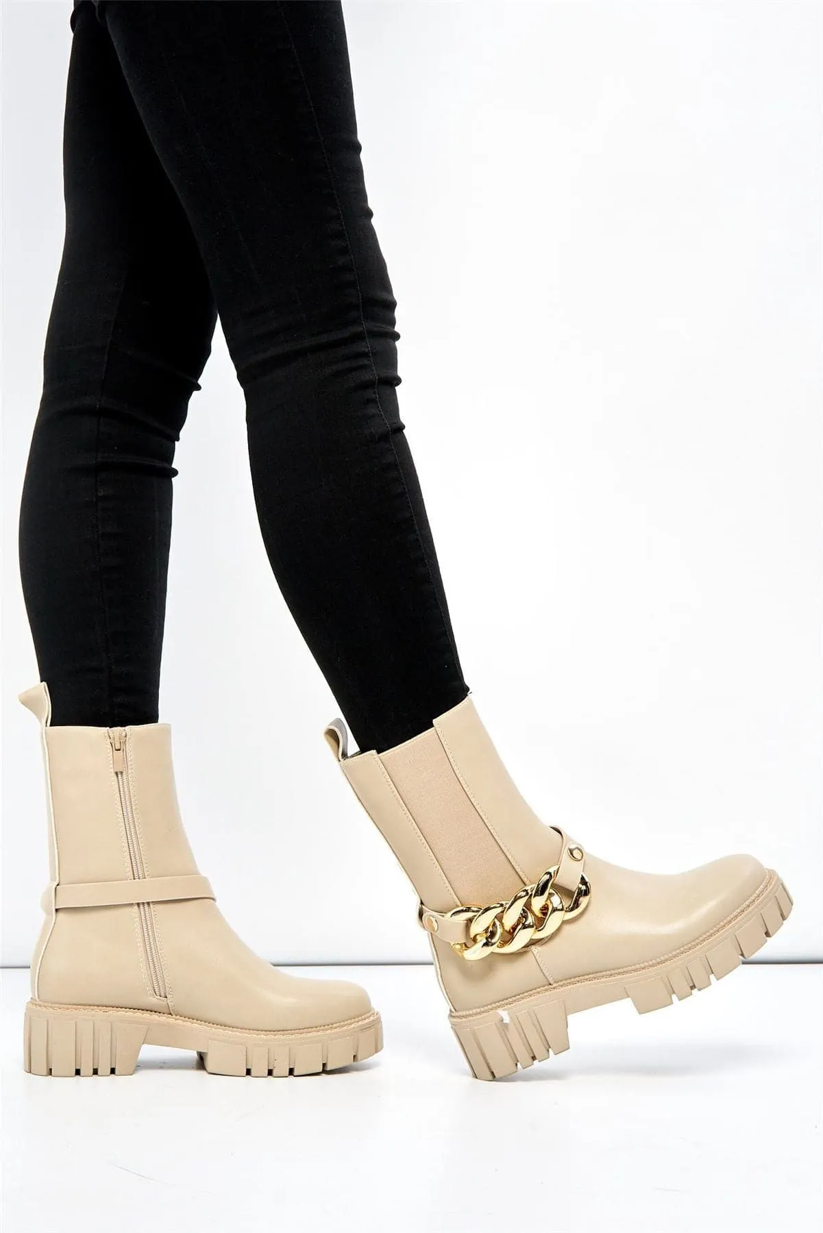 Annee Chain Detail Chunky Ankle Boots in Beige