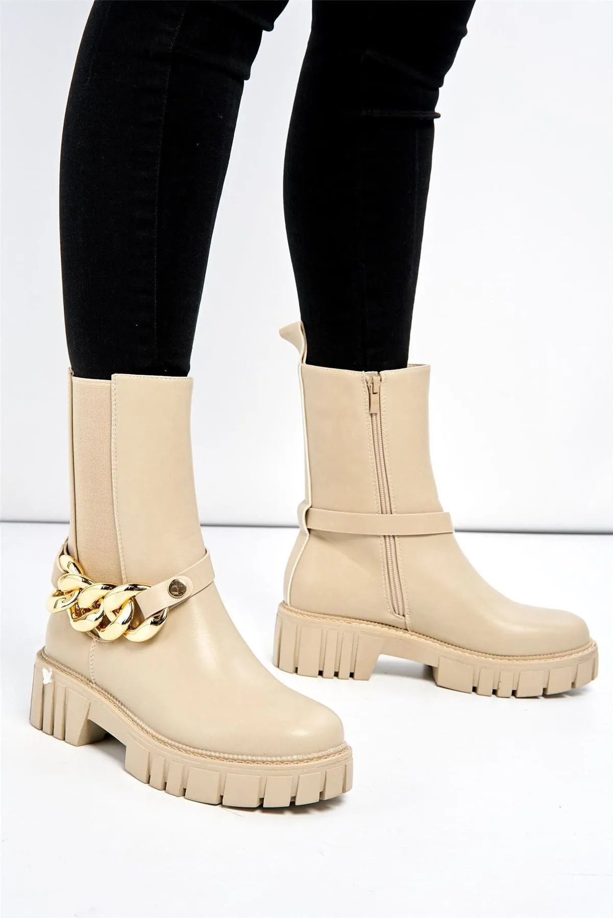 Annee Chain Detail Chunky Ankle Boots in Beige