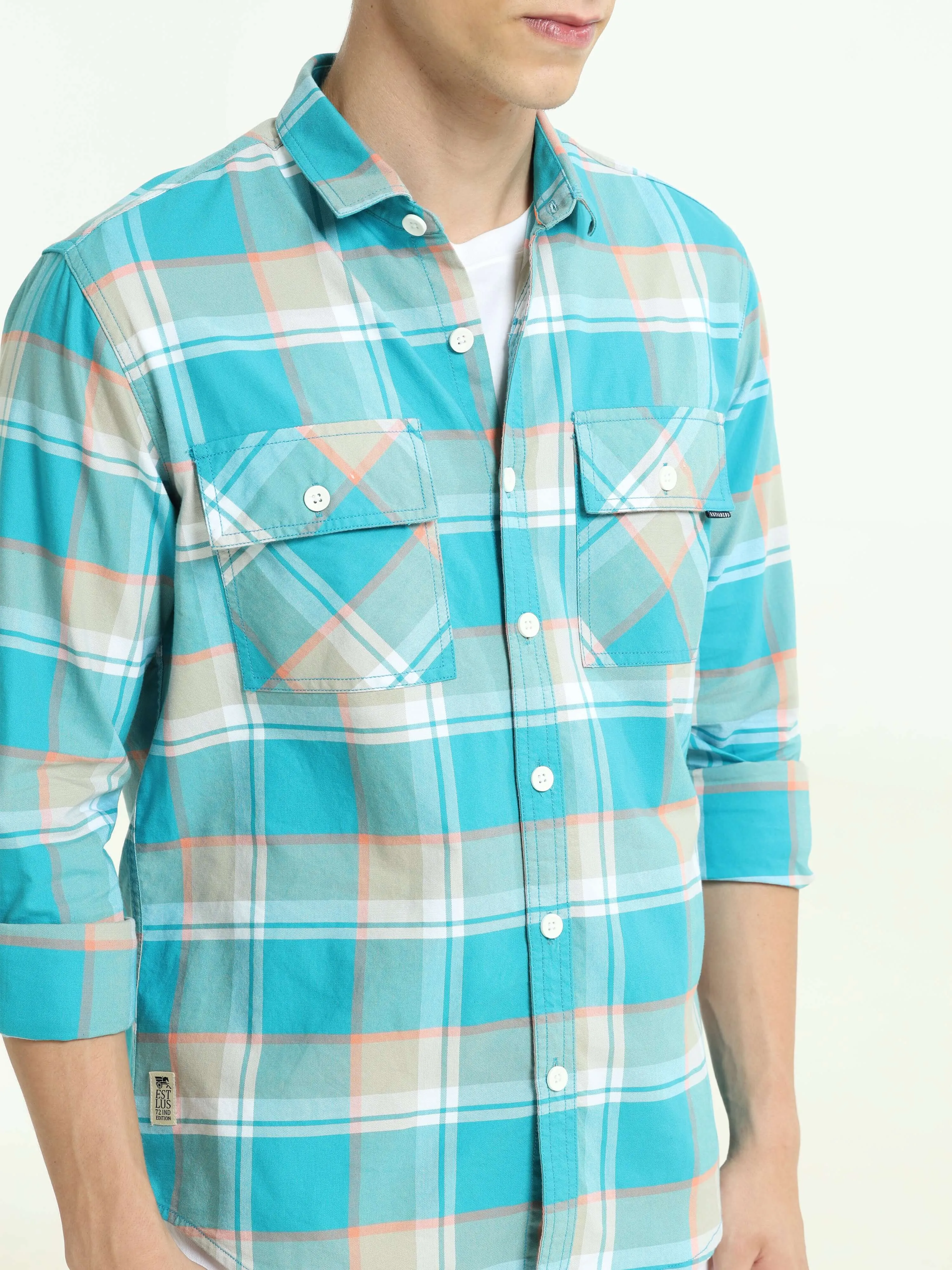 Aqua off-pink casual check shirt