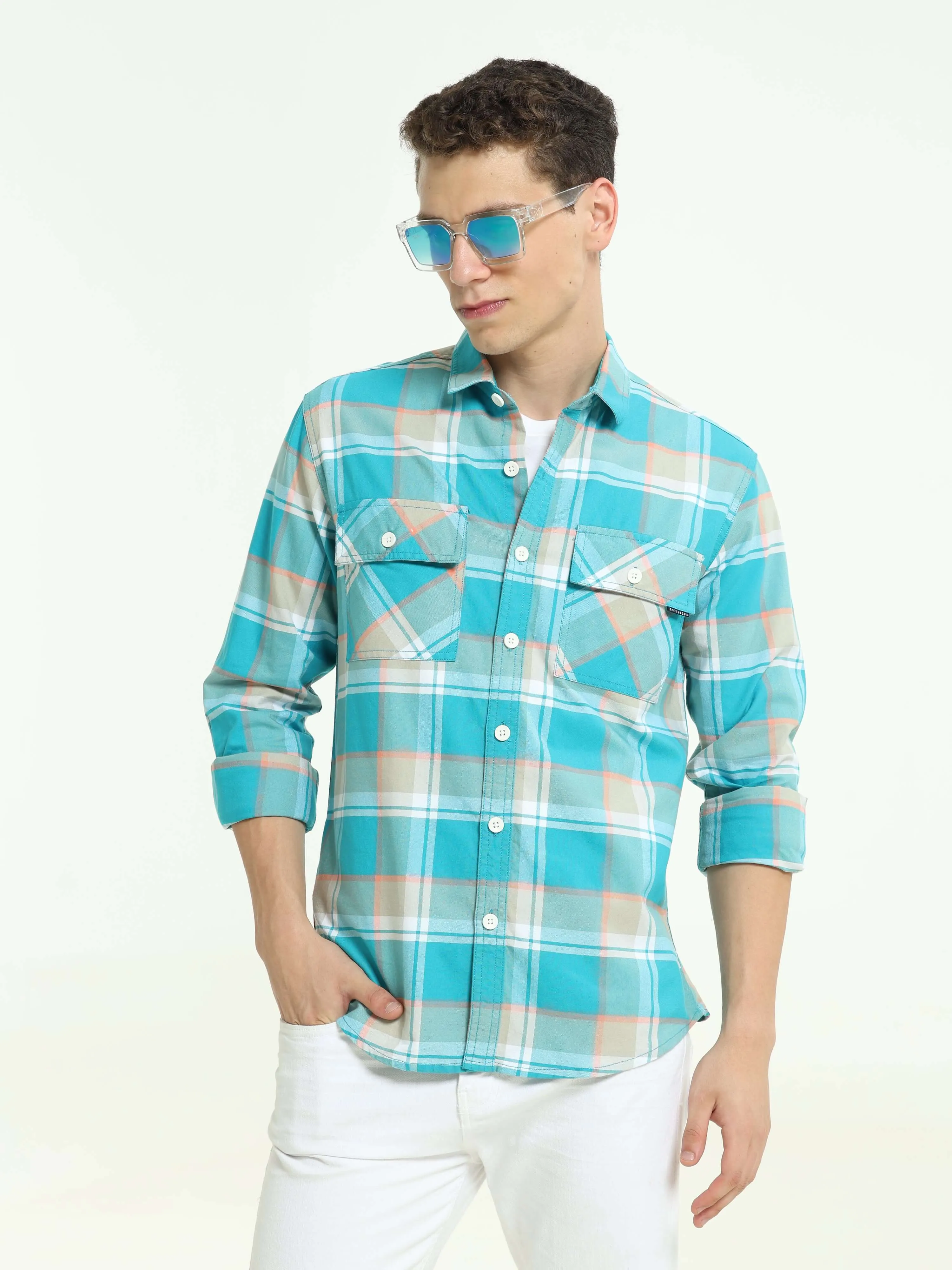 Aqua off-pink casual check shirt