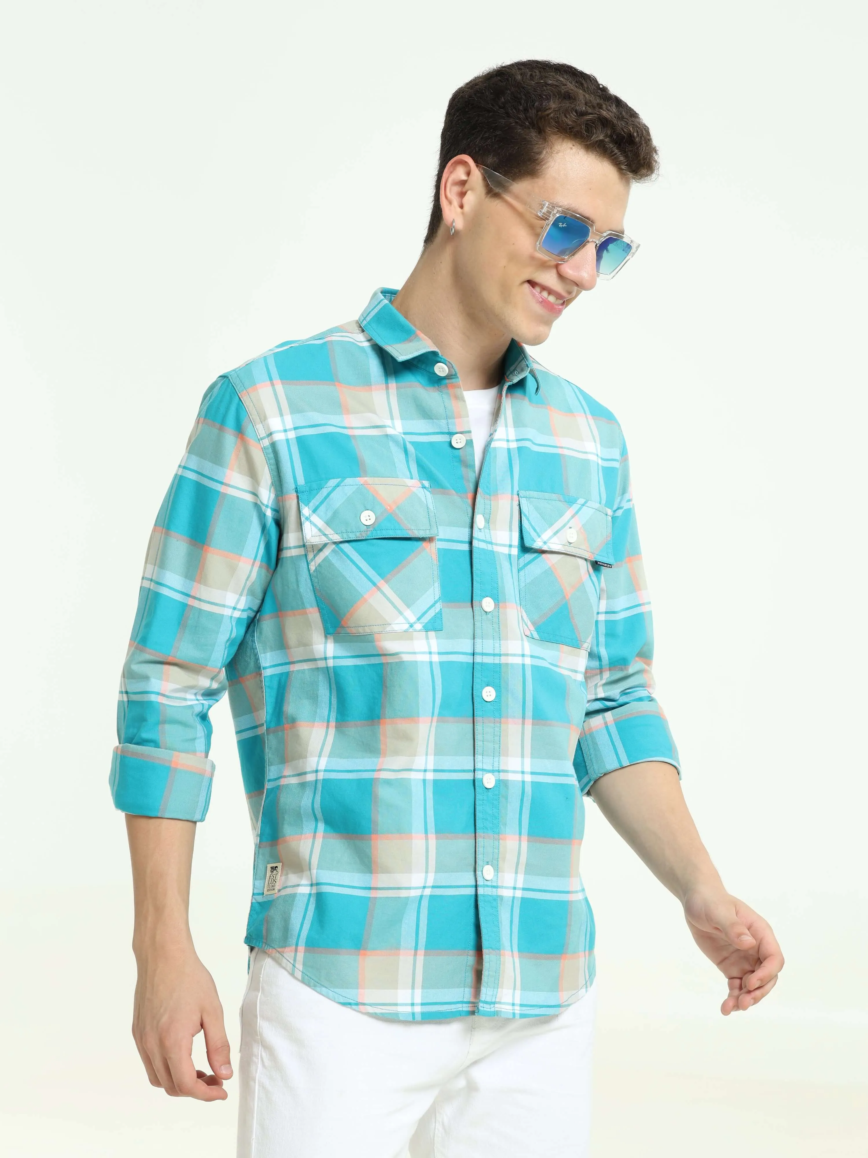 Aqua off-pink casual check shirt