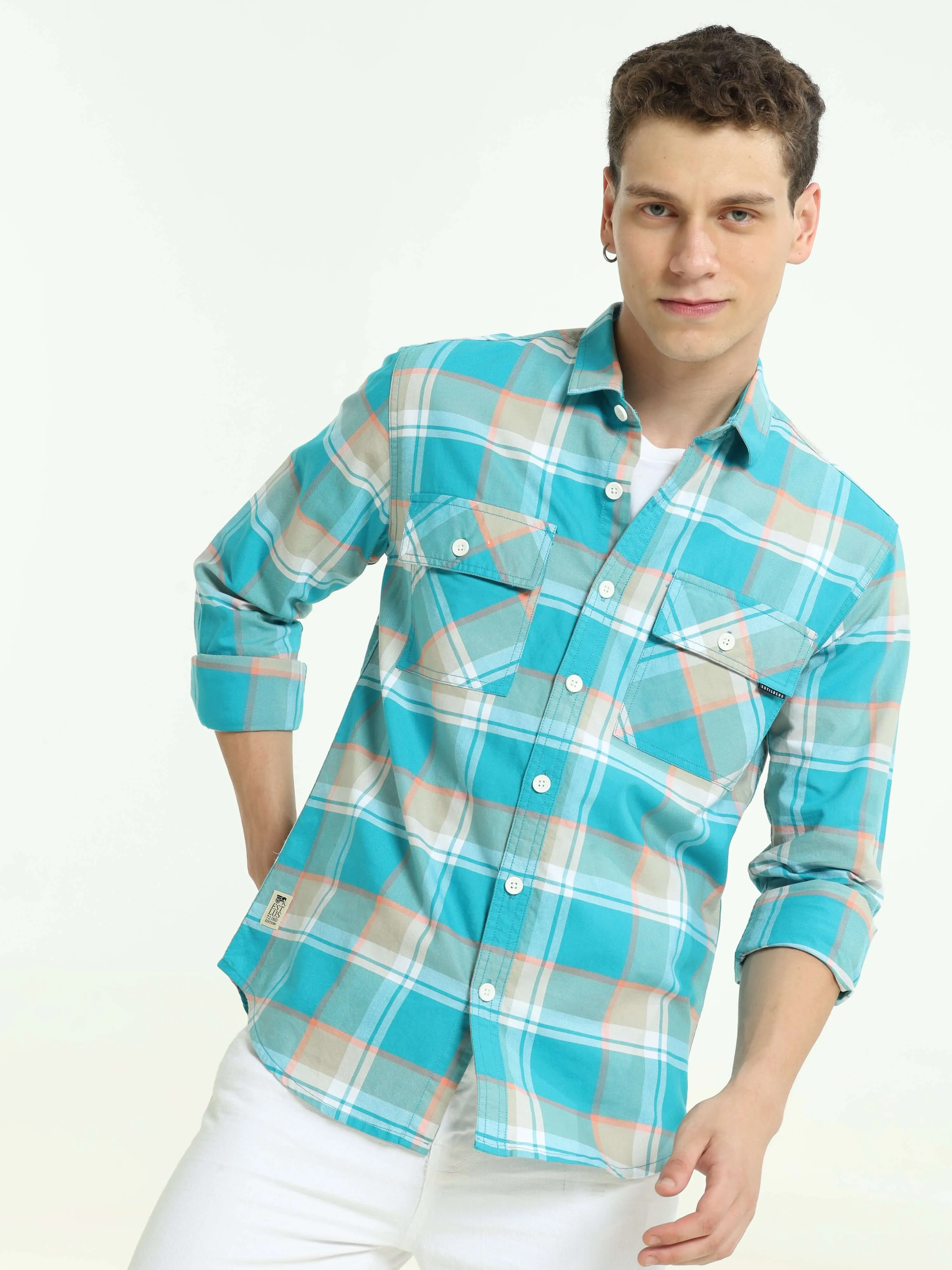 Aqua off-pink casual check shirt