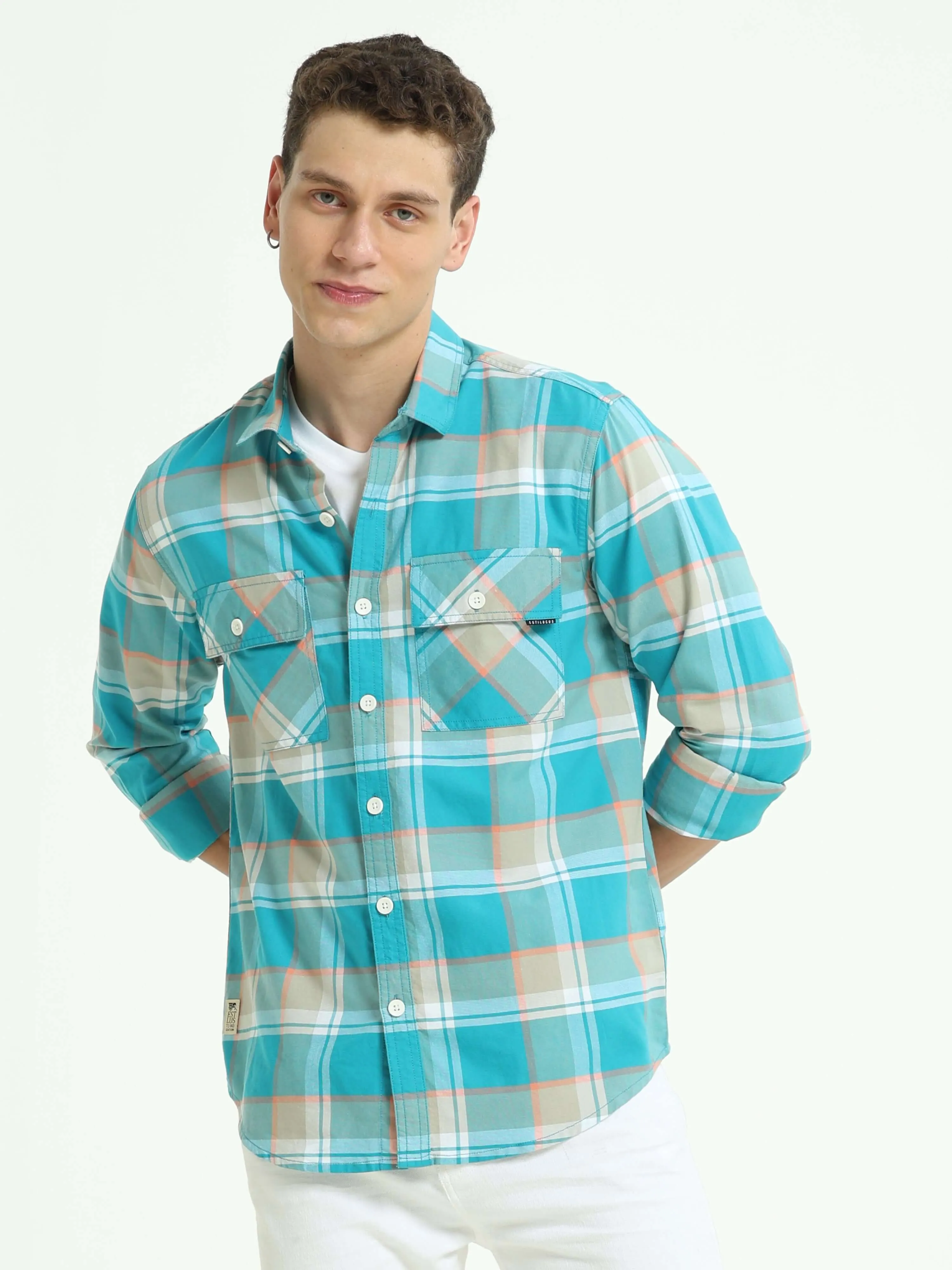 Aqua off-pink casual check shirt