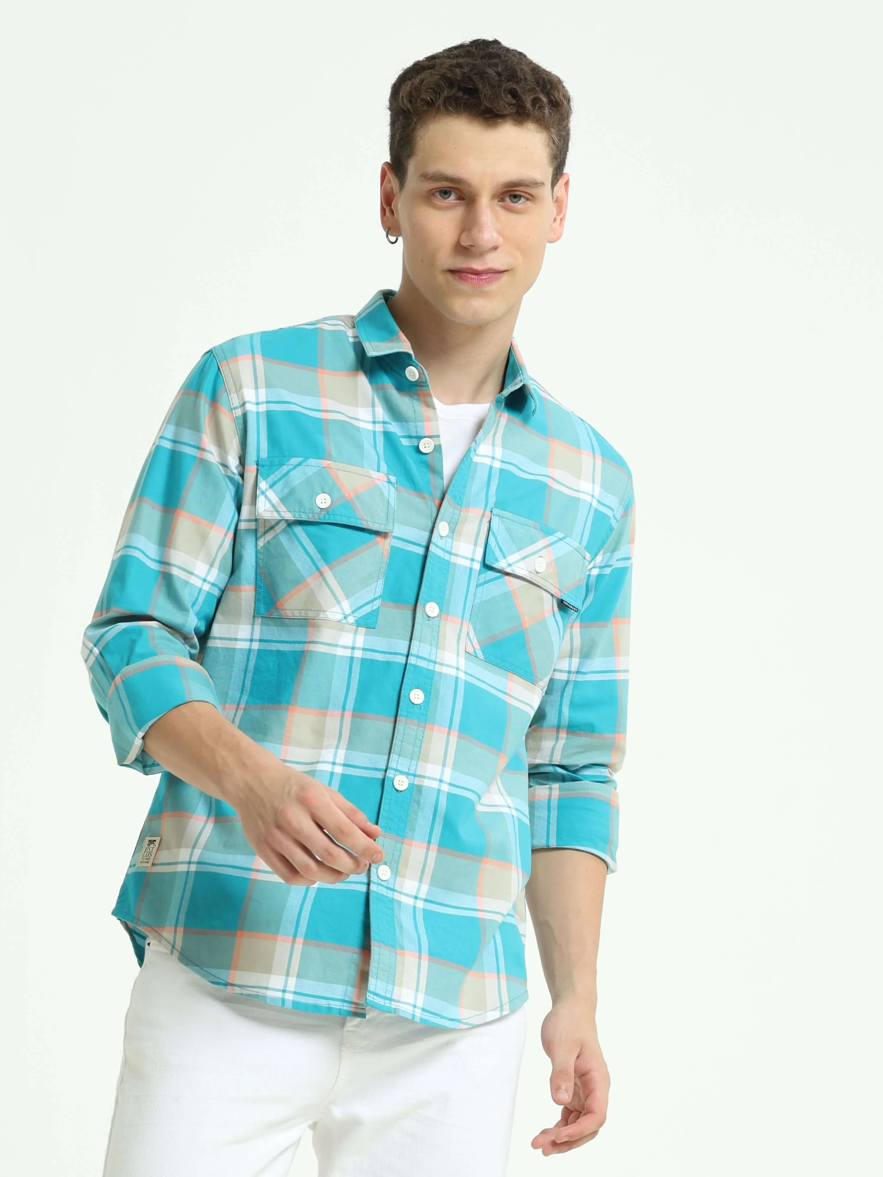 Aqua off-pink casual check shirt