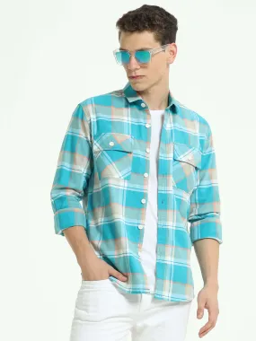 Aqua off-pink casual check shirt