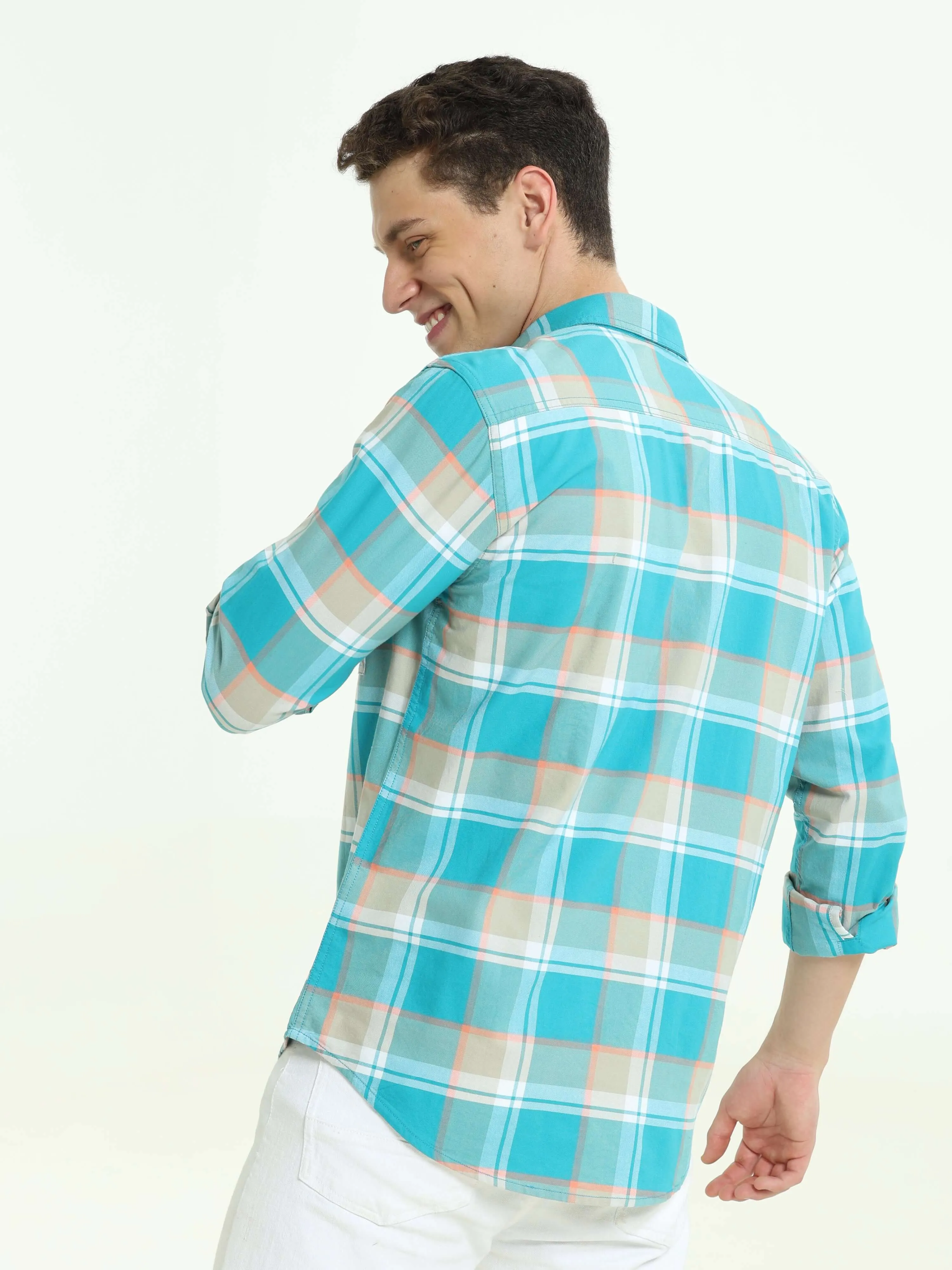 Aqua off-pink casual check shirt