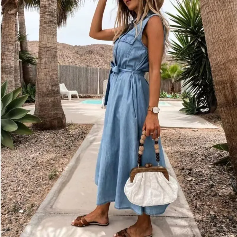 Beautiful Casual Summer Belted Denim Dress