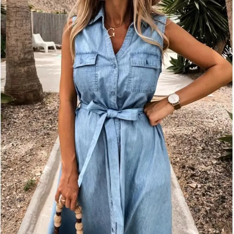 Beautiful Casual Summer Belted Denim Dress