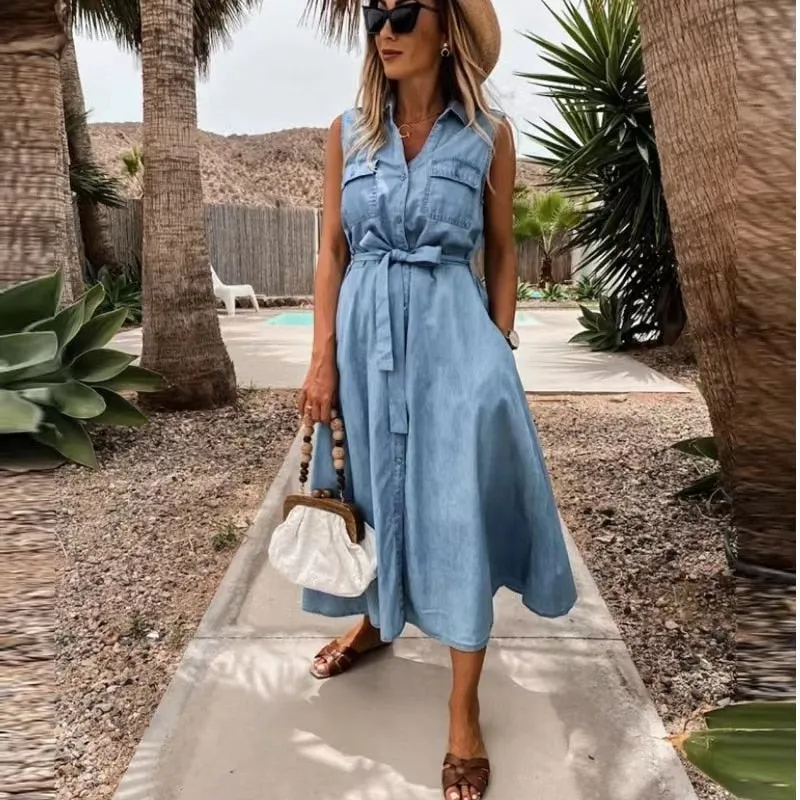 Beautiful Casual Summer Belted Denim Dress