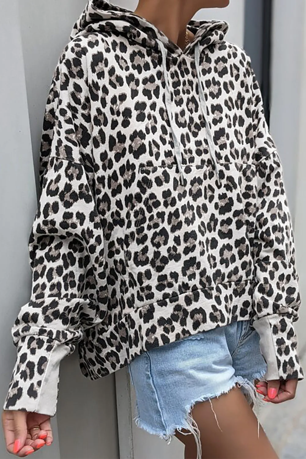 Beige Animal Print Casual Boxy Hoodie