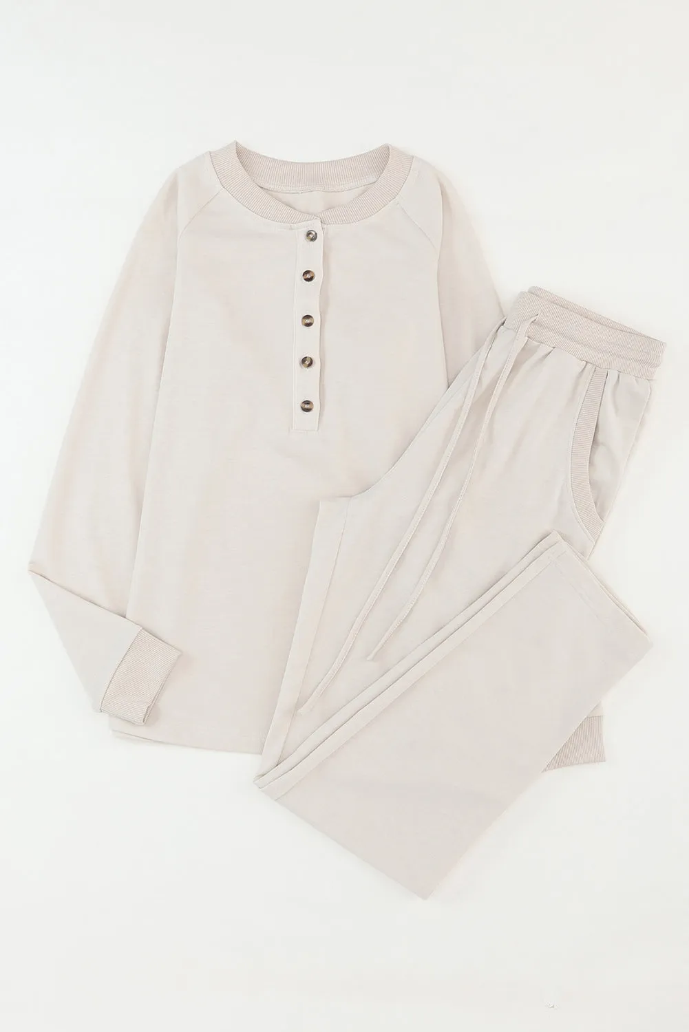 Beige Long Sleeve Button Casual Lounge Set