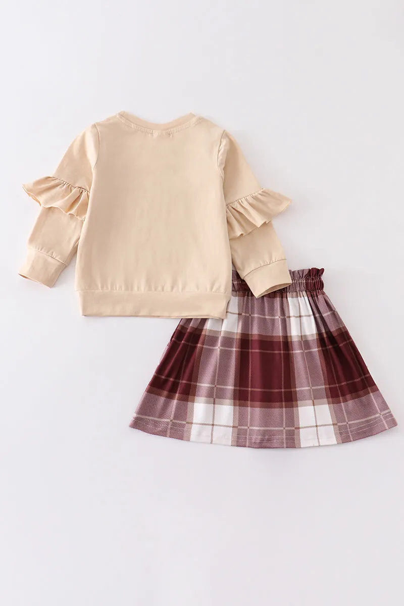 Beige stay cozy ruffle plaid skirt set