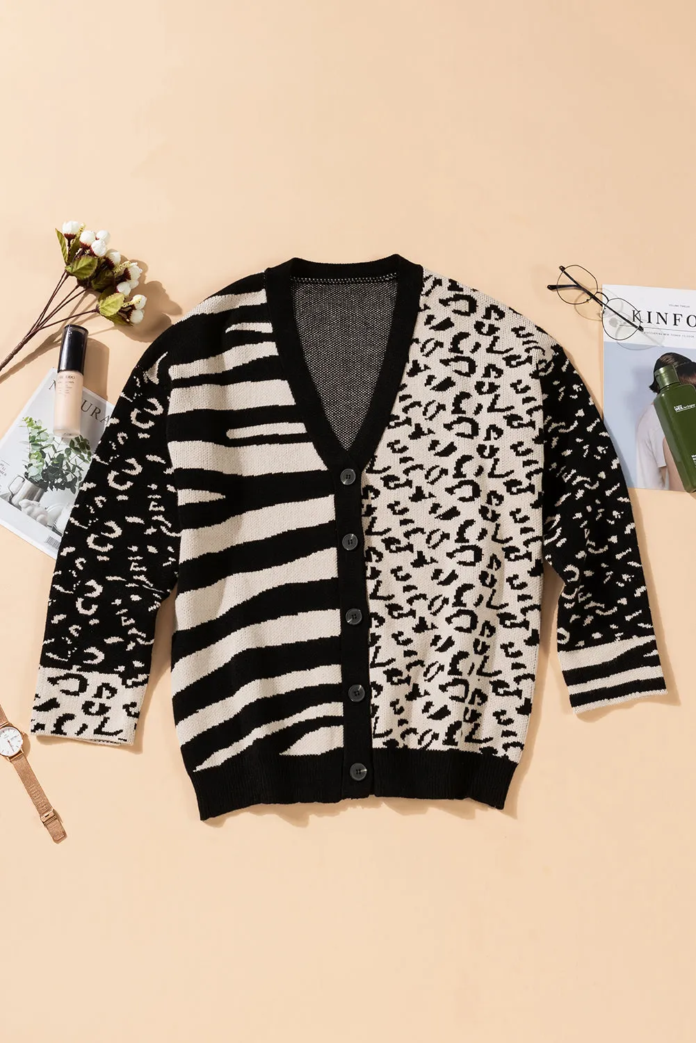 Black Animal Print Buttons Casual Cardigan