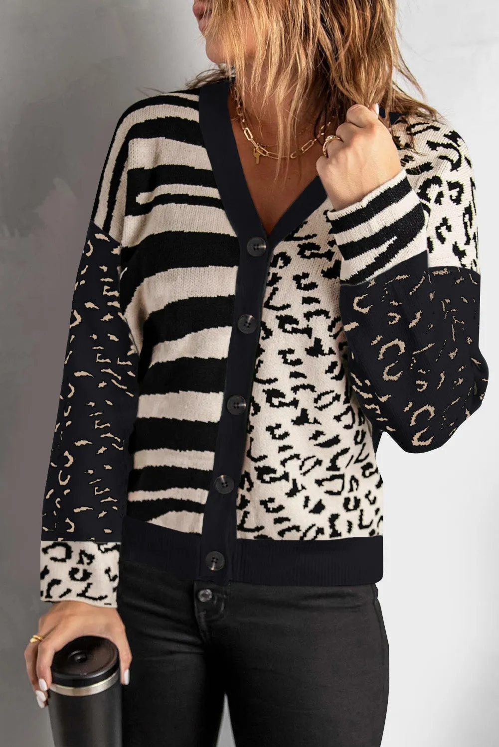 Black Animal Print Buttons Casual Cardigan