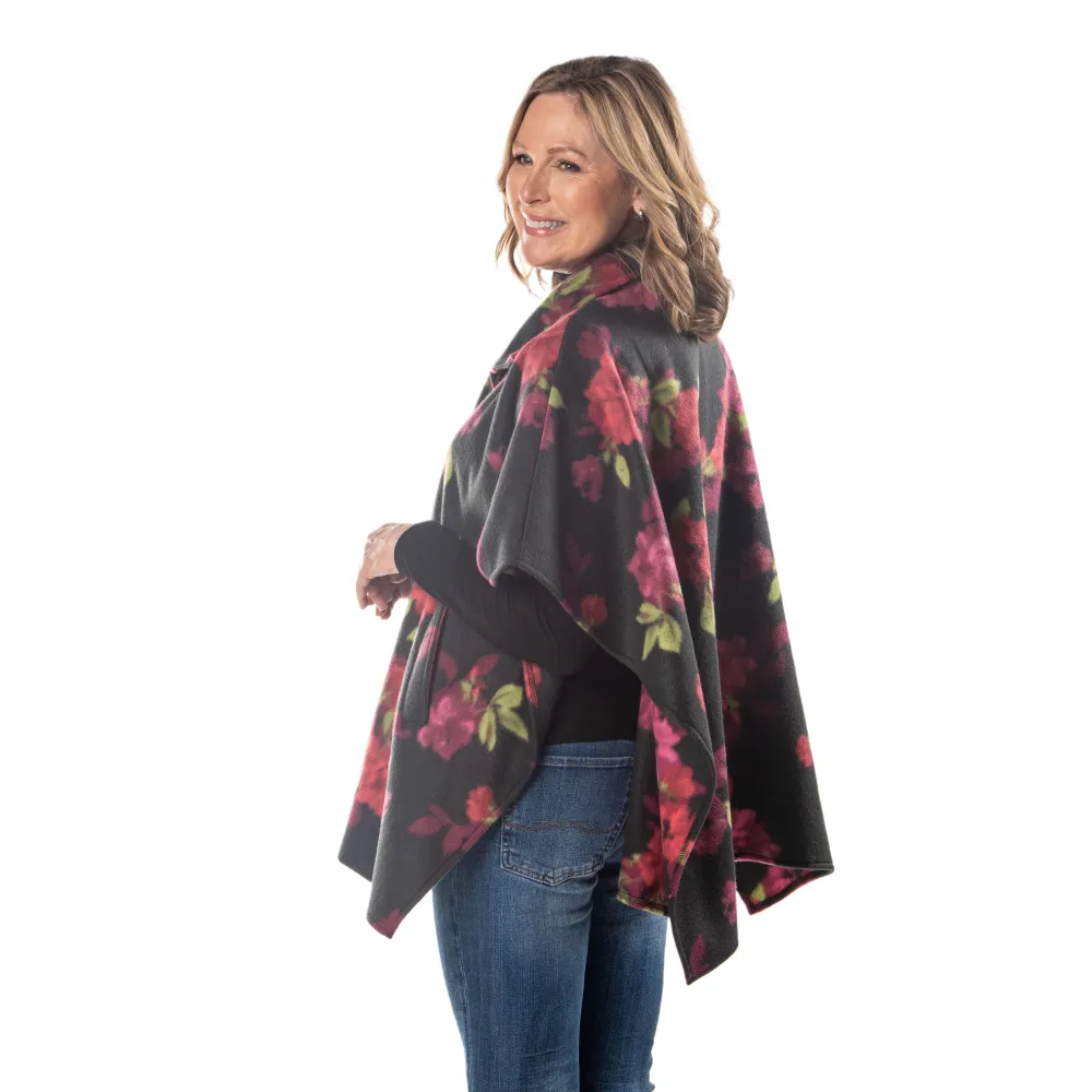 Bridget High Neck 4 Button Floral Fleece Cozy Coat Cape