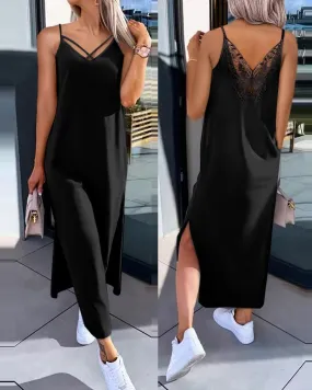 Butterfly Pattern Contrast Lace Slit Casual Dress