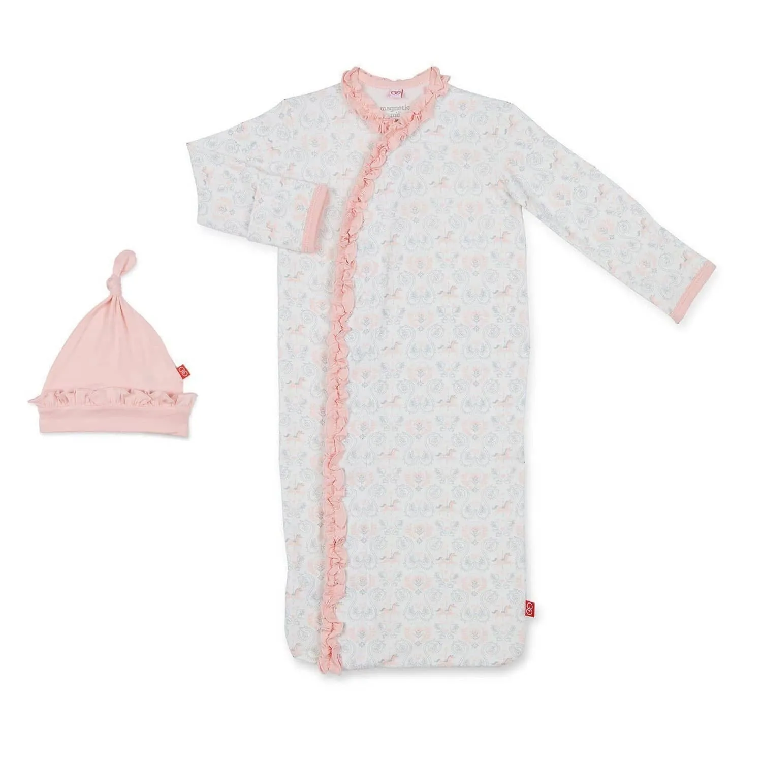 carousel modal magnetic cozy sleeper gown   hat set with ruffles