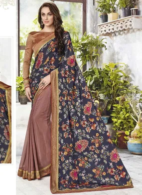 Catelog 6650: casual floral print trim sarees - brown