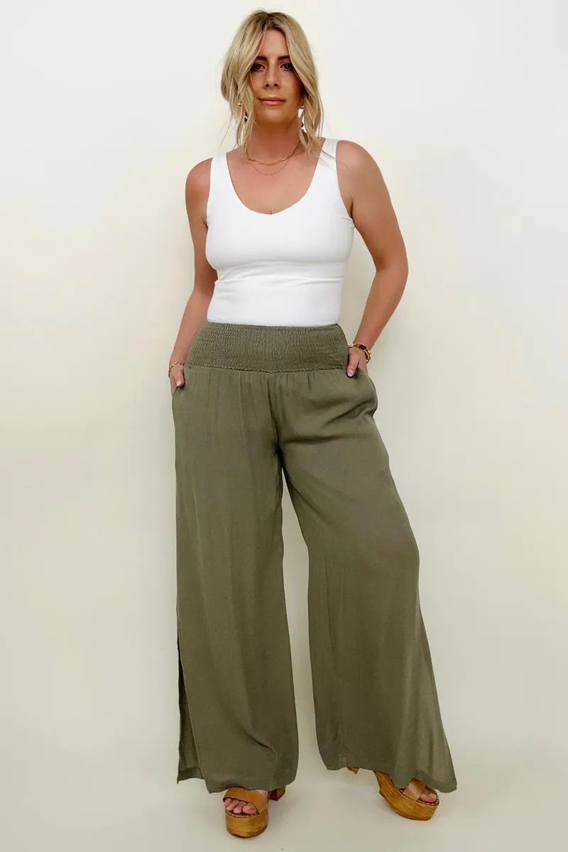 Cozy Co Crinkle Gauze Smocked Waist Wide Leg Side Slit Palazzo Pants