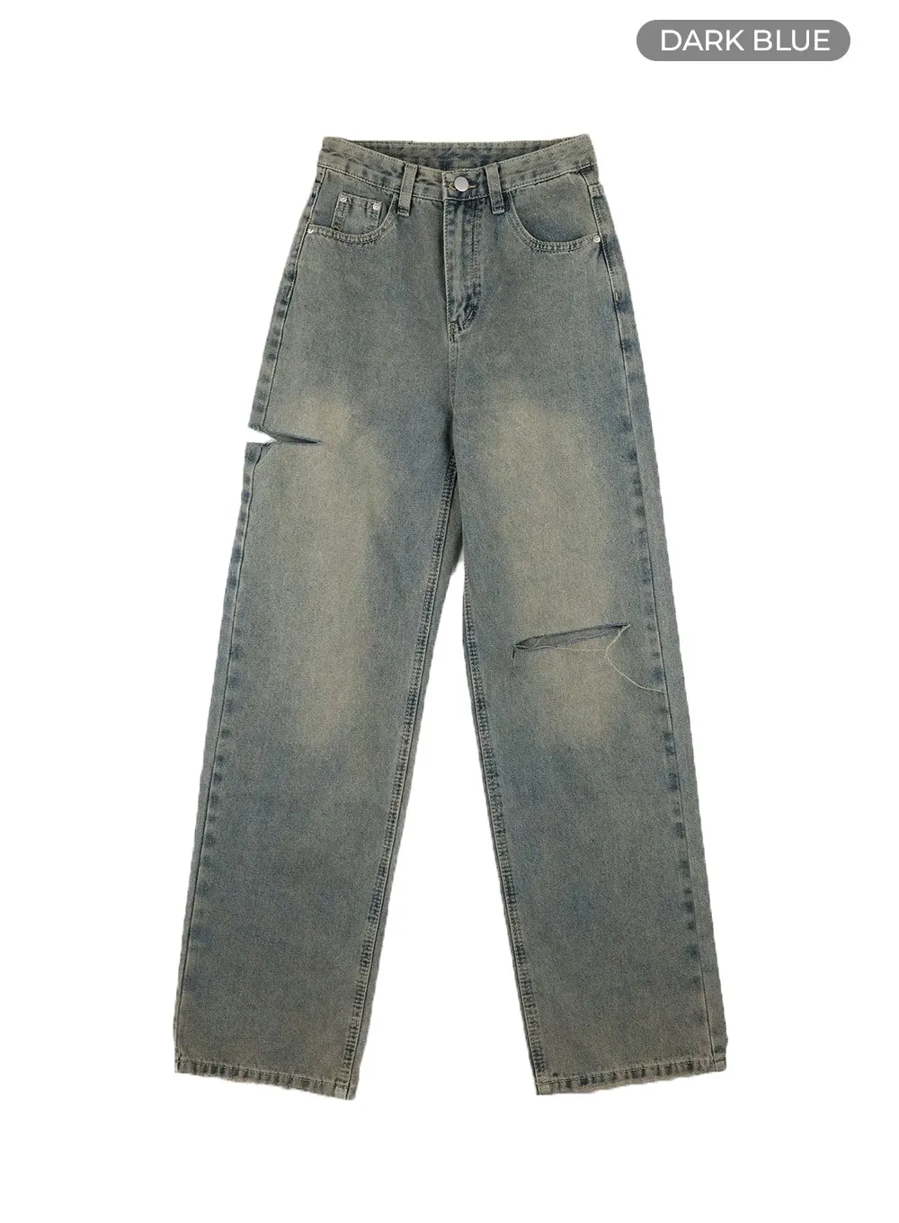 Cut Out Washed Straight Jeans OM421