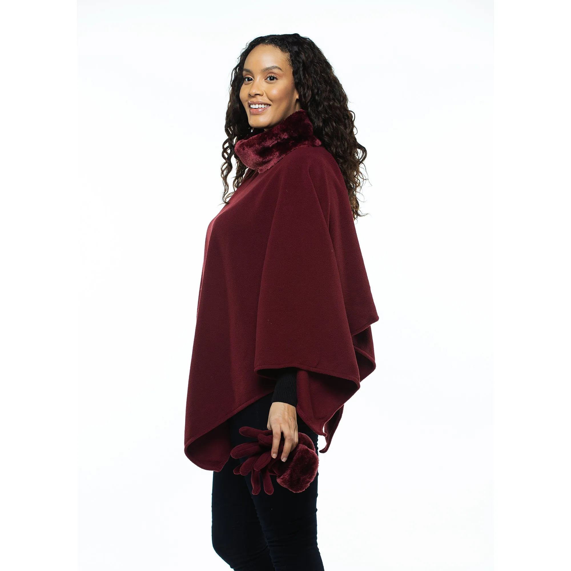 Donna Cozy Coat Fleece Poncho and Gloves Set with Faux Fur Trim