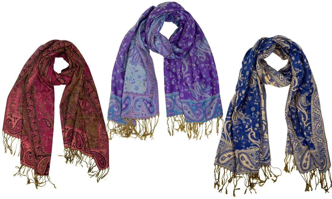 Fuchsia/Eggplant/Blue 3 Pack Peach Couture Elegant Reversible Paisley Pashmina Shawl Wrap