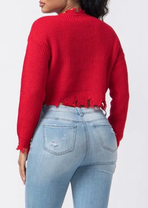 Hera Distressed Sweater Top (Red) 21492