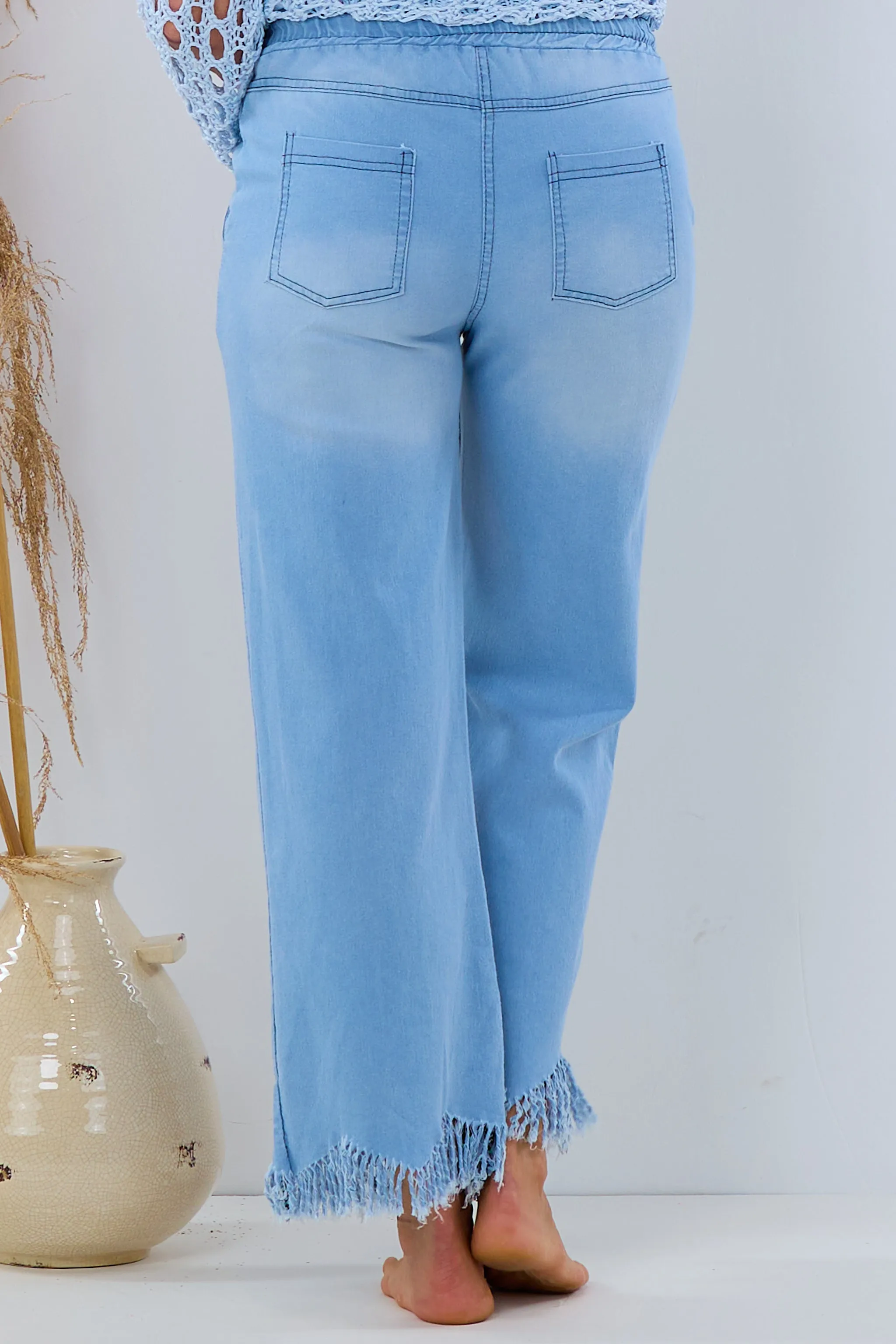 Jeans Schlupfhose mit Fransen, hellblau