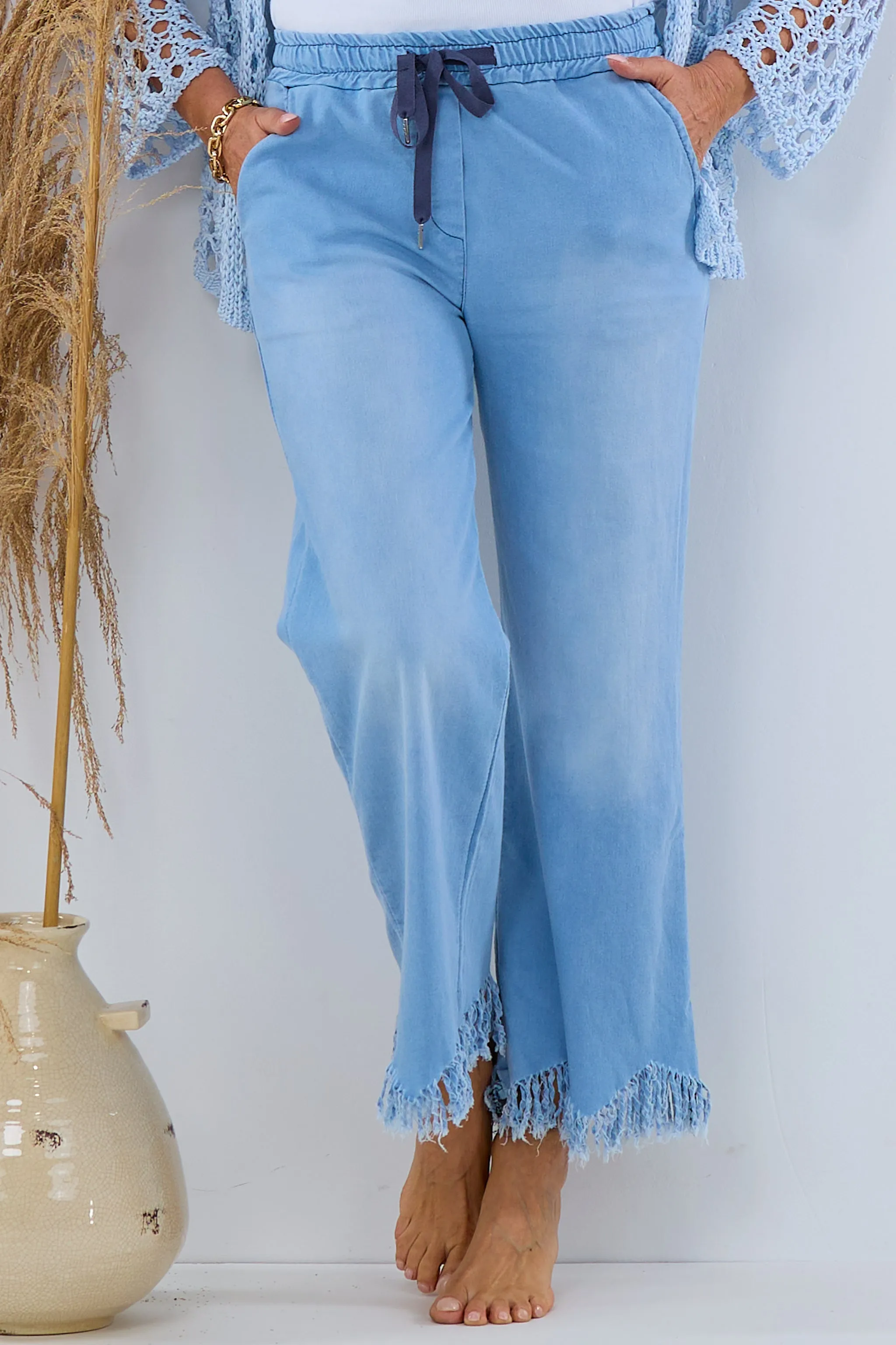 Jeans Schlupfhose mit Fransen, hellblau