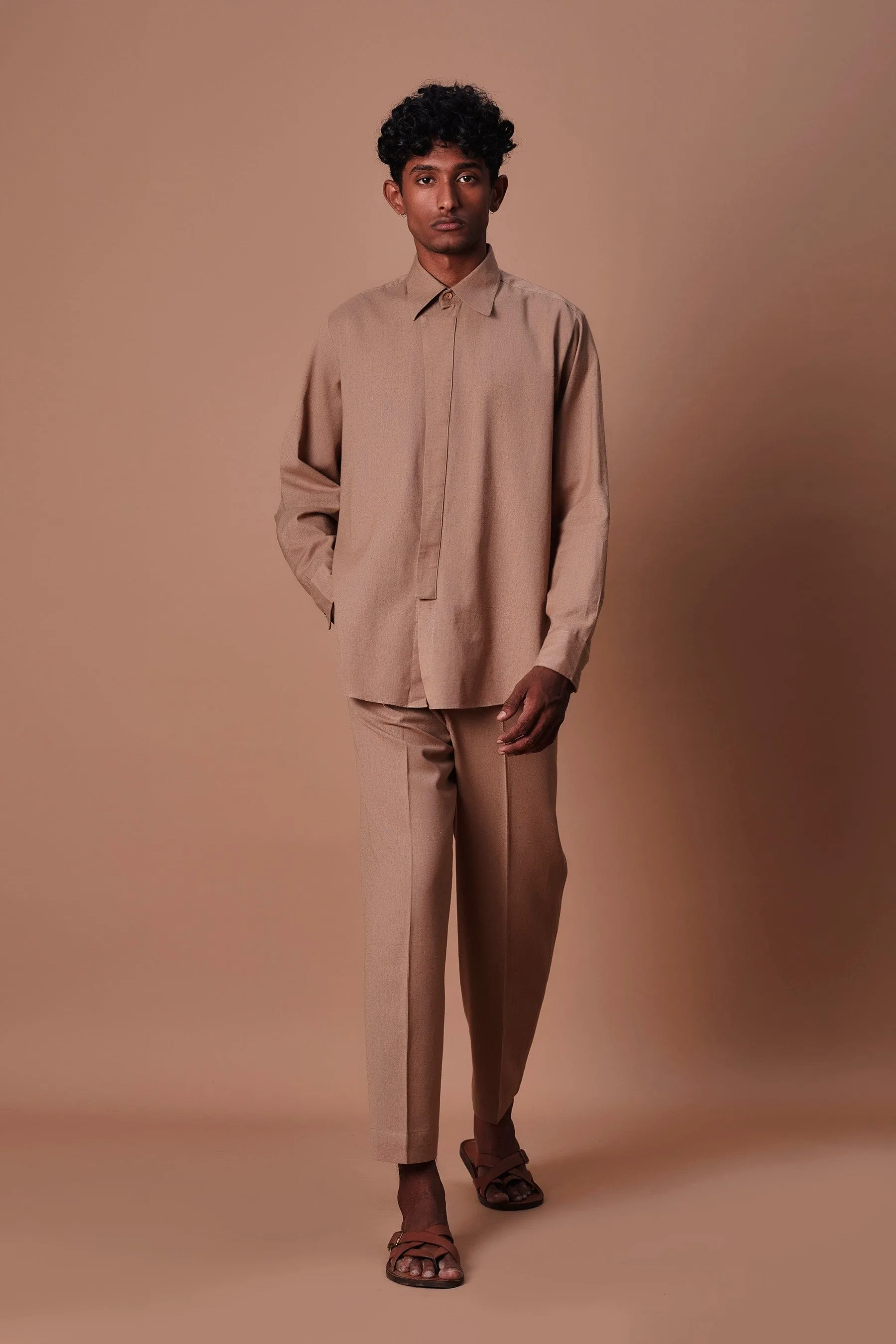 Mati Brown Placket Shirt & Ankle Pant Set (2 PCS)