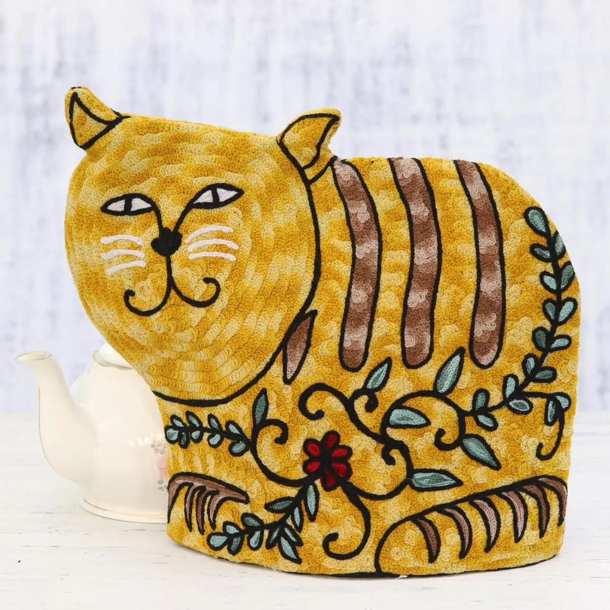 Novica Delightful Cat In Yellow Wool Tea Cozy