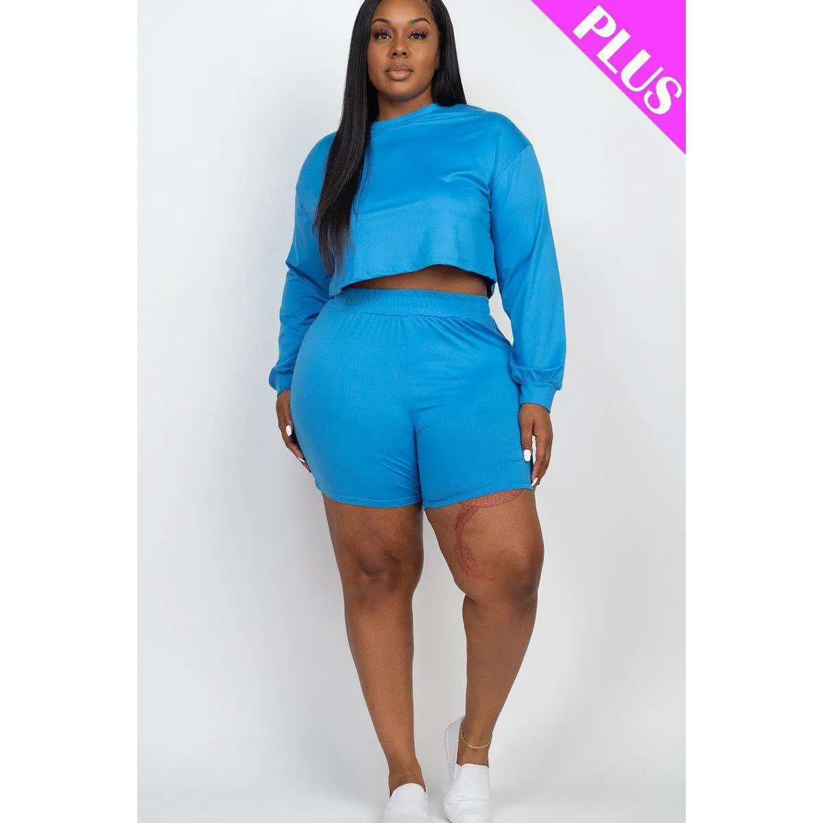 Plus Size Cozy Crop Top And Shorts Set