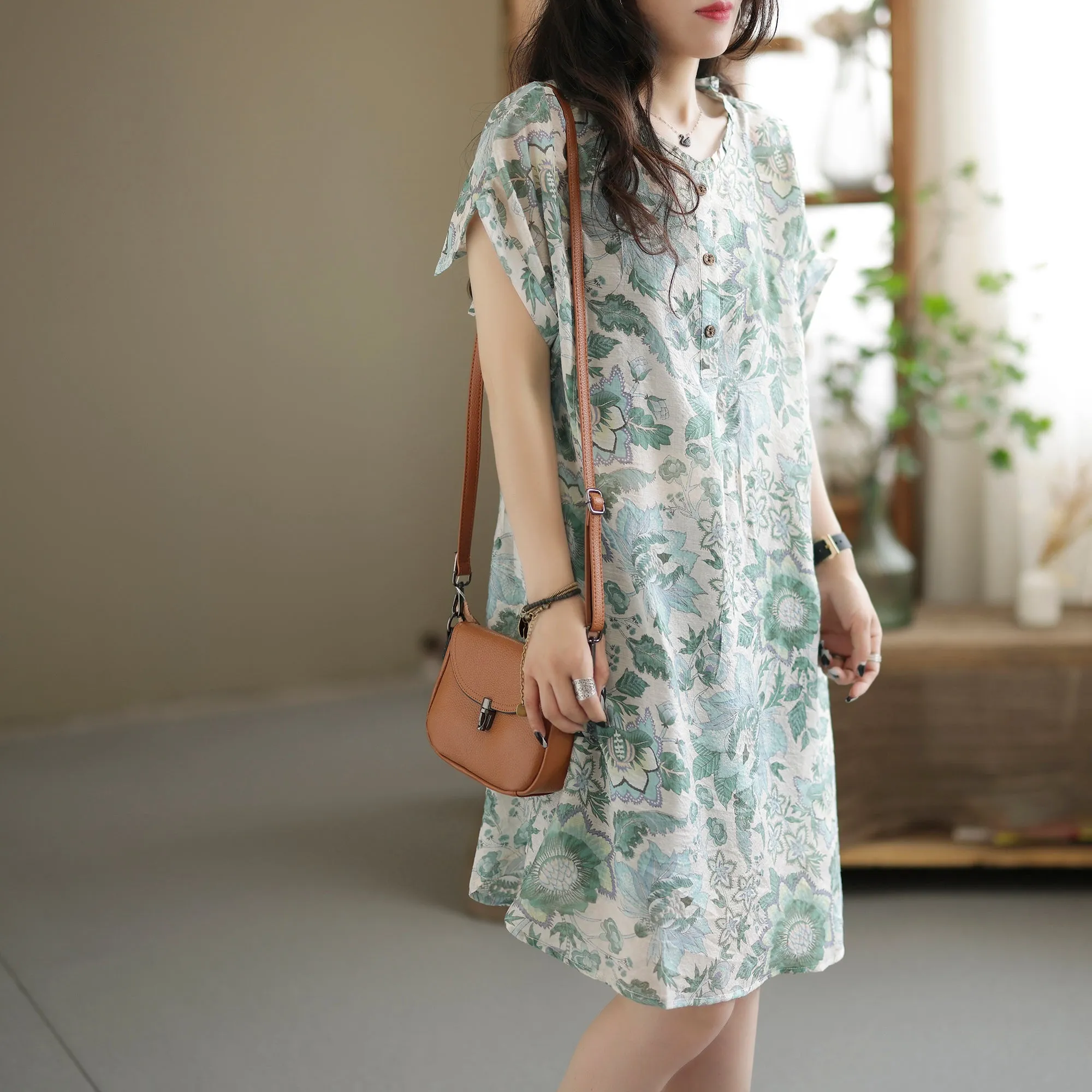 Summer Retro Printed Casual Linen Mini Dress