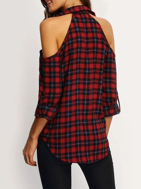 Women Cold Shoulder Plaid Shirt