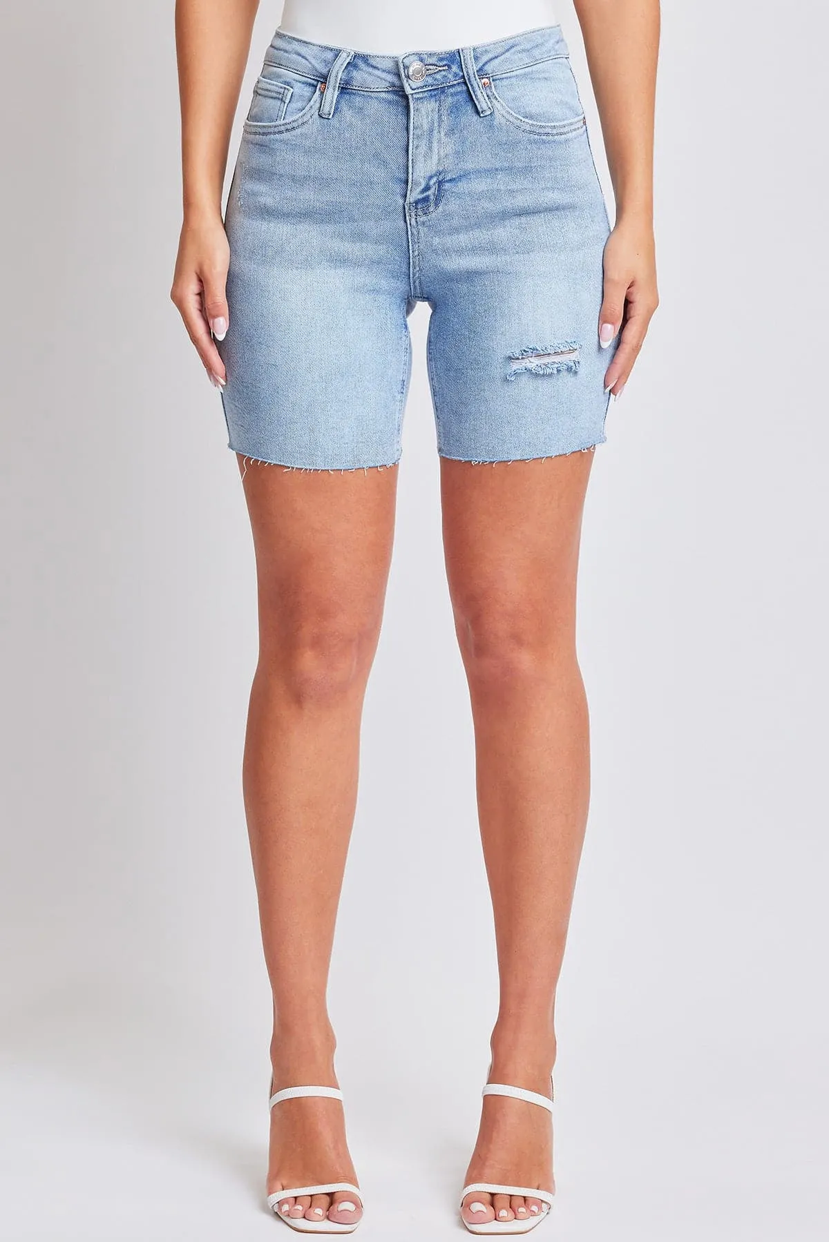 Women's High Rise Long Short Denim-Distressed