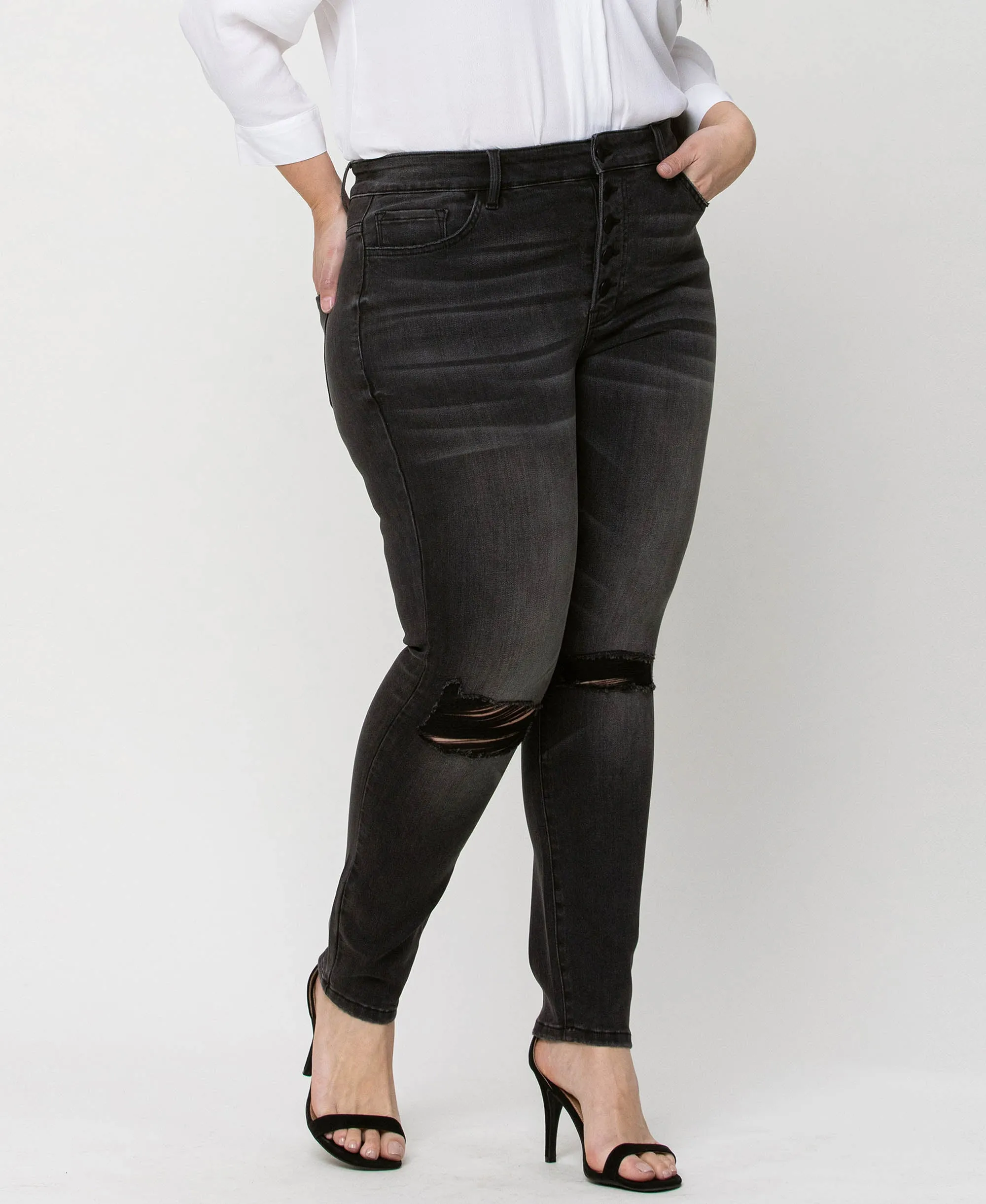 York - Plus High Rise Distressed Button Fly Ankle Skinny Jeans