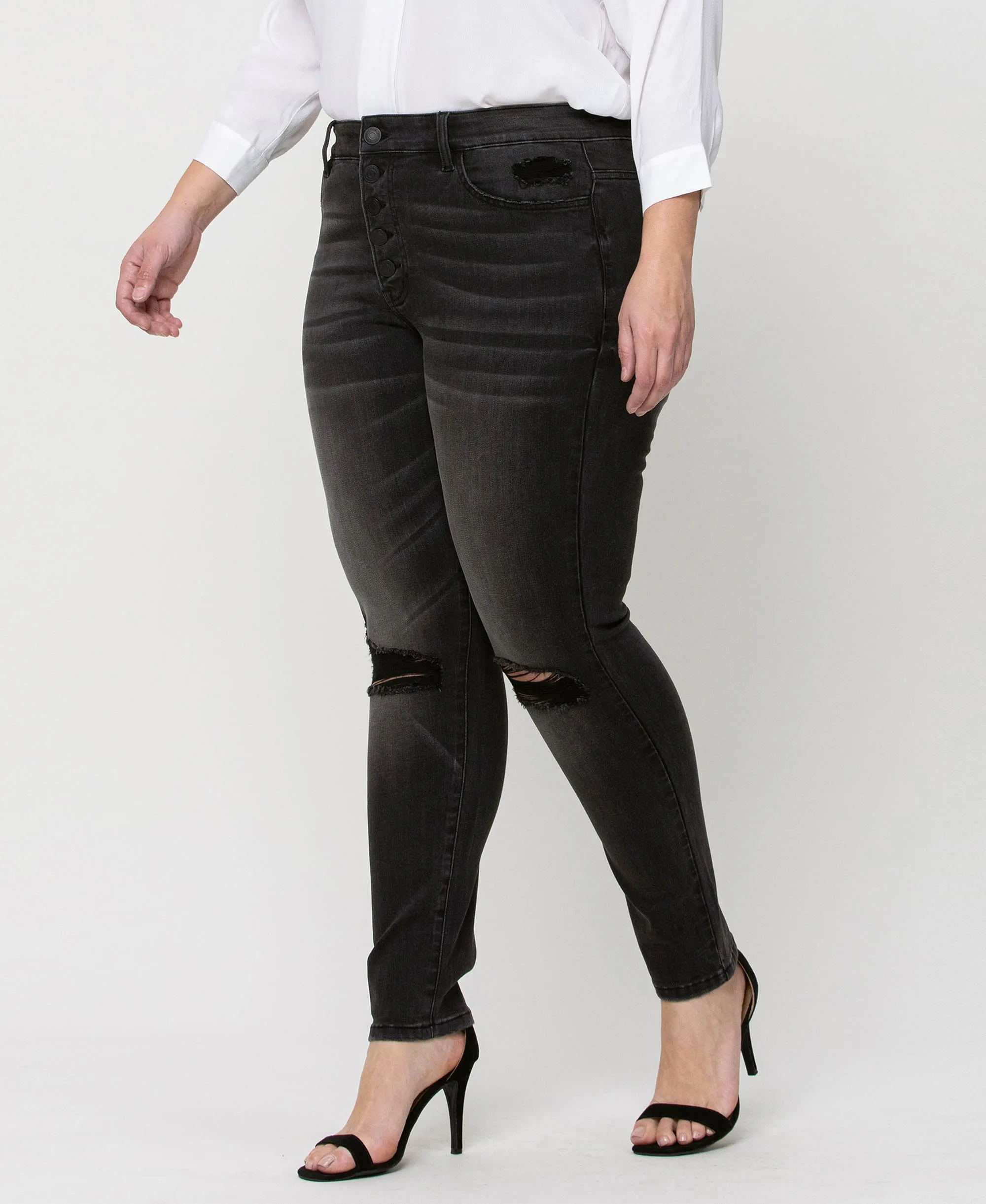 York - Plus High Rise Distressed Button Fly Ankle Skinny Jeans