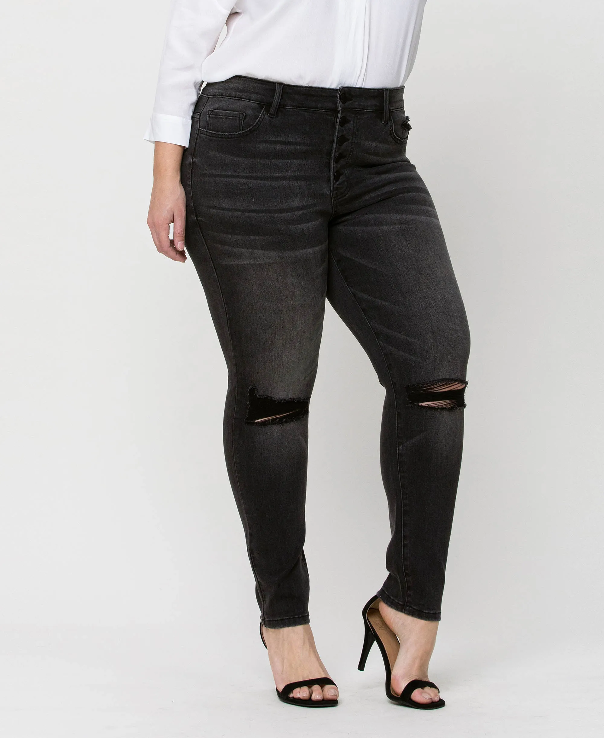 York - Plus High Rise Distressed Button Fly Ankle Skinny Jeans